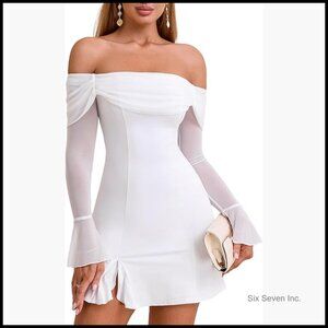 Long Sleeve Off Shoulder Bodycon Mini Dress Ruched Side Slit